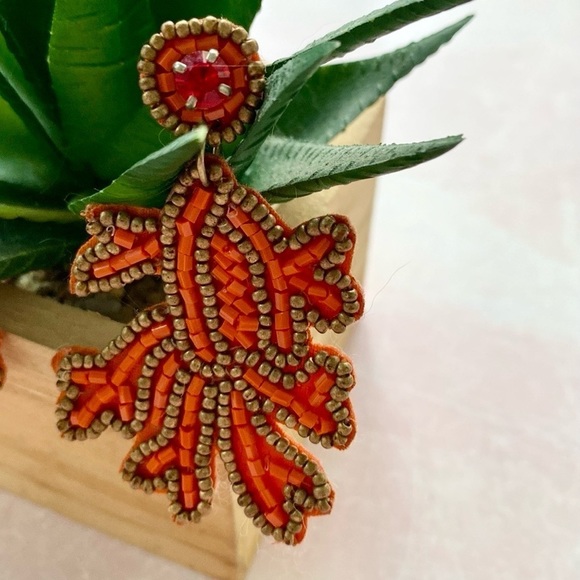 Orange Beaded Leaf Felt Earrings - Picture 4 of 8